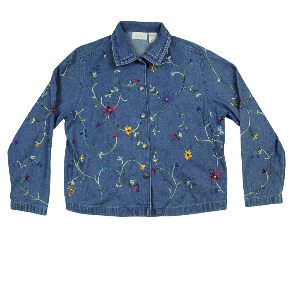 Vintage Studio Works Petite Blue Denim Floral Embroidered Button Front Jacket M